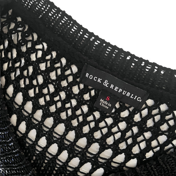 Rock & Republic Black Open Knit Sweater Metallic Sheen V Neck Pullover S - Picture 2 of 4